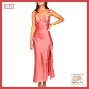 Satin Maxi Dress Elegant Backless V Neck Lace Trim Formal Wedding Guest